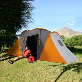 Outsunny Cort tunel, 2000mm rezistent la apă cort de camping pentru 4-6 persoane, cu 2 dormitoare și zonă de living geantă de transport Gri+Portocaliu | Aosom Romania