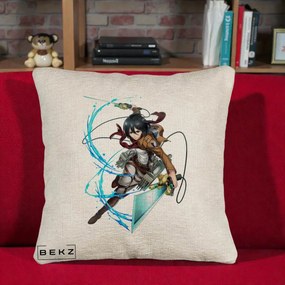 Perna Personalizata Attack on Titan Mikasa Ackerman Lupta, 40x40 cm, Bej Canapea, Husa Detasabila, Perna Inclusa, BEKZ®