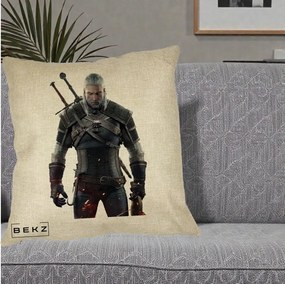 Perna Personalizata The Witcher Geralt of Rivia Portret, 40x40 cm, Crem, Husa Detasabila, Perna Inclusa, BEKZ®