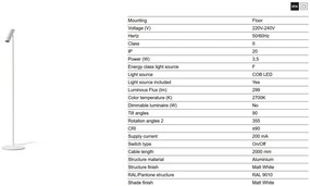 Lampadar LED de podea stil minimalist LEO alb