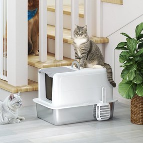 PawHut Toaletă pentru pisici, vas din oțel inoxidabil, filtru, lopată, pentru pisici până la 6 kg, 40,5 x 60,5 x 41,5 cm, Alb/Argintiu | Aosom Romania