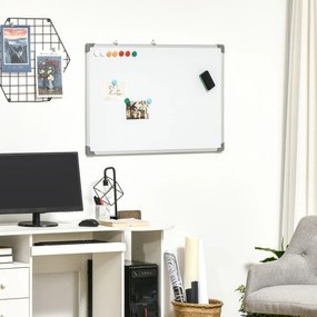 HOMCOM Tablă Magnetică Dreptunghiulară cu 4 Markere, 1 Radieră și 10 Magneti, Tablă din Aluminiu Galvanizat, 90x60x1,8 cm, Alb | Aosom Romania