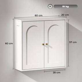 HOMCOM Dulap de perete, mobilier înalt de baie modern cu dulap cu dublă ușă și mânere aurii, 60x20x60 cm, alb | Aosom Romania