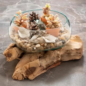 Bol din sticlă suflată pe lemn de tec, 20 cm