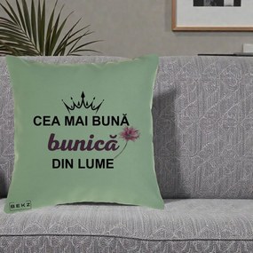 Cadou pentru Bunica - Perna Personalizata Cea Mai Buna Bunica Din Lume Coroana Mov Floare Roz, 40x40 cm, Verde, Husa Detasabila, Perna Inclusa, BEKZ®