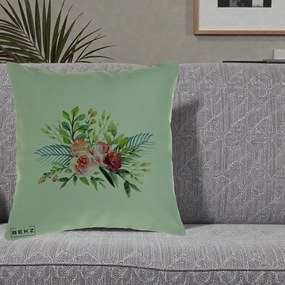 Perna Decorativa Buchet Flori Acuarela Roz-Verde, 40x40 cm, Verde, Husa Detasabila, Perna Inclusa, BEKZ®