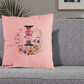 Cadou Personalizat - Perna Personalizata Monogram Litera I cu Flori Acuarela, 40x40 cm, Roz, Husa Detasabila, Perna Inclusa, BEKZ®