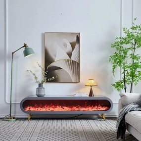 Șemineu electric cu efect LED realist, Comodă TV cu design oval, control vocal și telecomandă, fără încălzire, 180 cm, Gri