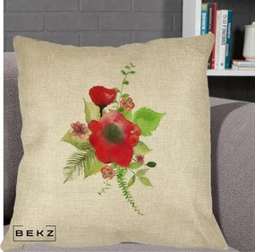 Perna Decorativa Buchet Rosu Acuarela, 40x40 cm, Crem, Husa Detasabila, Perna Inclusa, BEKZ®