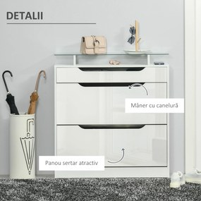 HOMCOM Suport pentru Pantofi cu 2 Sertare pentru 16 Perechi de Pantofi cu Etajeră Reglabilă și Raft din Sticlă, 89x23x96cm, Alb Lucios | Aosom Romania