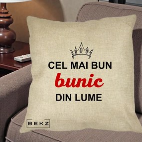 Cadou pentru Bunic - Perna Personalizata Cel Mai Bun Bunic Din Lume Coroana Rosu, 40x40 cm, Crem, Husa Detasabila, Perna Inclusa, BEKZ®