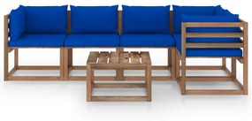 Set mobilier gradina paleti, cu perne, 6 piese, lemn pin tratat Albastru, 2x mijloc + 3x colt + masa, 1