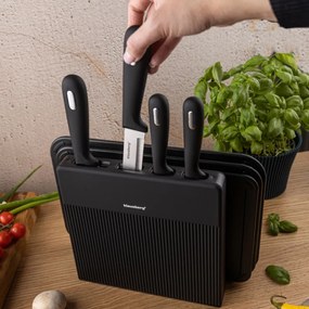 Klausberg KB 7980 set cuțit și placă de tăiat, 8 piese, Oțel inoxidabil, Suport, Negru/inox