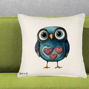 Perna Decorativa Bufnita Teal cu Doua Inimi, 40x40 cm, Crem Reliefat, Husa Detasabila, Perna Inclusa, BEKZ®