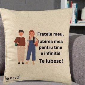 Cadou pentru Frate - Perna Personalizata Fratele Meu Te Iubesc Elevi Ilustratie Colorata, 40x40 cm, Bej, Husa Detasabila, Perna Inclusa, BEKZ®