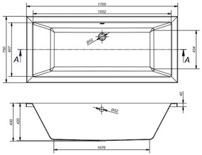 Cada baie incastrata Cersanit Intro, 170 x 75 cm, dreptunghiulara, alb lucios 1700x750 mm