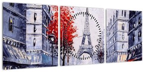 Tablou - Străzi din Paris, pictură în ulei (cu ceas) (90x30 cm)