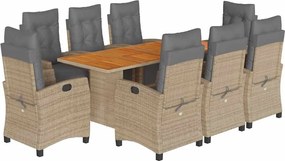 vidaXL Set de masă pentru grădină, 9 piese, cu perne, bej, poliratan