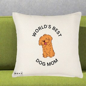 Cadou pentru Iubitorii de Caini - Perna Personalizata World's Best Dog Mom, 40x40 cm, Crem Reliefat, Husa Detasabila, Perna Inclusa, BEKZ®