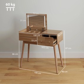 HOMCOM Masă de Toaletă pentru Machiaj cu Oglindă Rabatabilă și Lumini LED, Stație de Machiaj cu 3 Sertare, Compartimente Interne și Picioare din Pin, Masă de Toaletă pentru Dormitor, Modernă, 100x40x87 cm, Culoare Nuc | Aosom Romania