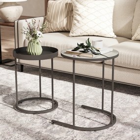 HOMCOM Set de 2 Măsuțe de Cafea în Stil Industrial, din Lemn și Metal, Ø42x54 cm și Ø36.5x48.5 cm, Gri și Negru | Aosom Romania