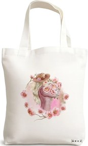 Sacosa de Panza pentru Cumparaturi, Geanta Tote, model Floral Romance, 38x34.5 cm, Alba, BEKZ®