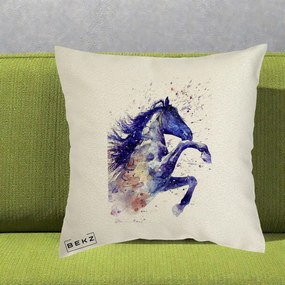 Perna Decorativa Cal Albastru Acuarela, 40x40 cm, Ecru, Husa Detasabila, Perna Inclusa, BEKZ®
