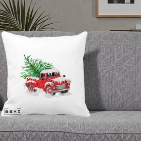 Perna Decorativa Camioneta Rosie Brad de Craciun, 40x40 cm, Alba Mata, Husa Detasabila, Perna Inclusa, BEKZ®