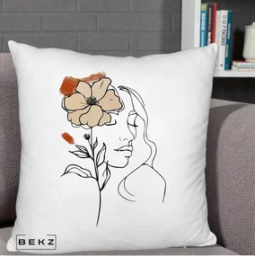 Perna Decorativa Portret Feminin Floare Bej Terracotta, 40x40 cm, Alb Pufos, Husa Detasabila, Perna Inclusa, BEKZ®