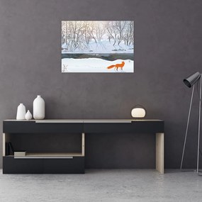 Tablou pe sticlă - Vulpe în peisaj de iarnă (70x50 cm)
