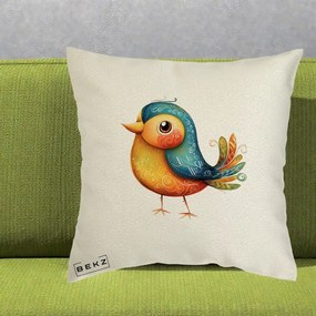 Perna Decorativa Pasare Folk Art Portocalie-Teal, 40x40 cm, Ecru, Husa Detasabila, Perna Inclusa, BEKZ®