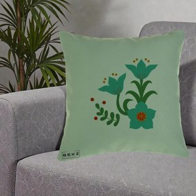 Perna Decorativa Flori Stilizate Folk Turcoaz, 40x40 cm, Verde, Husa Detasabila, Perna Inclusa, BEKZ®