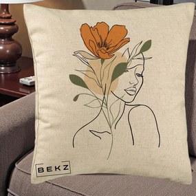 Perna Decorativa Portret Feminin Floare Portocalie, 40x40 cm, Bej, Husa Detasabila, Perna Inclusa, BEKZ®