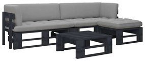 3066795 vidaXL Set mobilier paleți cu perne, 4 piese, negru, lemn pin tratat