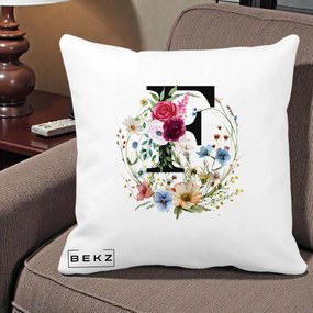 Cadou Personalizat - Perna Personalizata Monogram Litera F cu Flori Acuarela, 40x40 cm, Alba Mata, Husa Detasabila, Perna Inclusa, BEKZ®