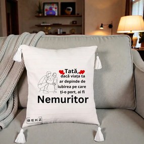 Cadou pentru Tata - Perna Personalizata Tata Nemuritor Baietel, 40x40 cm, Bej cu Franjuri, Husa Detasabila, Perna Inclusa, BEKZ®