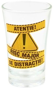 Pahar pentru shot, 7cm, cu mesajul Atenție! Risc major de distracție!