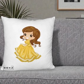 Perna Decorativa Printesa Bella Rochie Aurie, 40x40 cm, Alb Pufos, Husa Detasabila, Perna Inclusa, BEKZ®