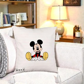 Perna Personalizata Mickey Mouse Relaxat, 40x40 cm, Bej cu Franjuri, Husa Detasabila, Perna Inclusa, BEKZ®
