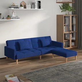 3080617 vidaXL Canapea extensibilă 2 locuri, 2 perne&taburet, albastru, textil