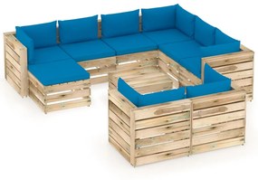 Set mobilier de gradina cu perne, 10 piese, lemn verde tratat light blue and brown, 10
