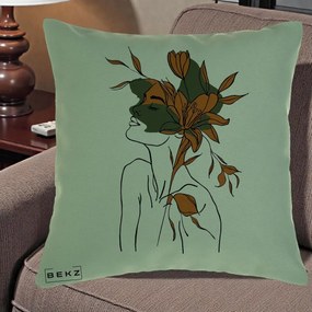Perna Decorativa Portret Feminin Crin Auriu, 40x40 cm, Verde, Husa Detasabila, Perna Inclusa, BEKZ®