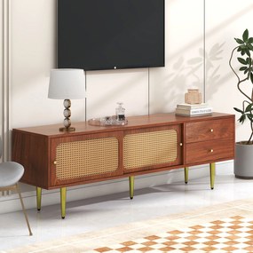 Mobilier TV elegant cu uși glisante din ratan, Culoare naturală | Aosom Romania
