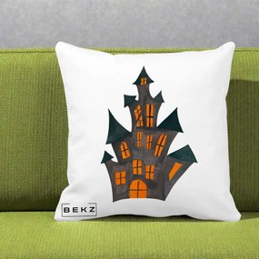 Perna Decorativa Halloween Casa Bantuita Minimalista, 40x40 cm, Alba Mata, Husa Detasabila, Perna Inclusa, BEKZ®