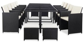 Set mobilier de exterior cu perne, 15 piese, negru, poliratan Alb si negru, 15, Da, 10x fotoliu + 4x suport pentru picioare + masa