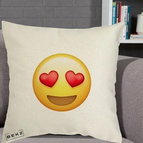 Perna Decorativa Emoji Inimi in Ochi, 40x40 cm, Ecru, Husa Detasabila, Perna Inclusa, BEKZ®