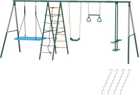 AIYAPLAY Cadru 5-în-1 pentru leagăn cu leagăn-tip-cuib reglabil, inele de gimnastică, scaun dublu, cadru de cățărare pentru 3-8 ani 440x175x203 cm | Aosom Romania