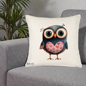 Perna Decorativa Bufnita cu Inimioare Roz, 40x40 cm, Crem Reliefat, Husa Detasabila, Perna Inclusa, BEKZ®