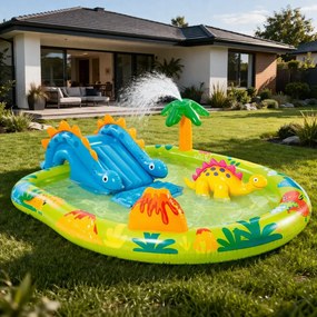 loc de joacă gonflabil cu dinozauri - piscină pentru copii cu tobogan și fântână