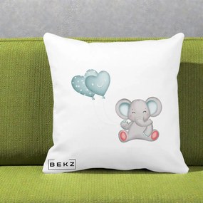 Perna Decorativa Elefant si baloane in forma de inimioare, 40x40 cm, Alba Mata, Husa Detasabila, Perna Inclusa, BEKZ®
